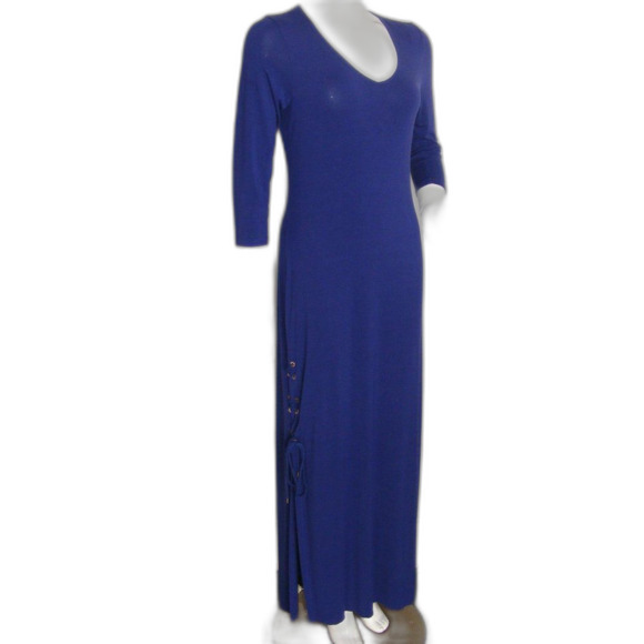 TOMMY BAHAMA Maxi Dress, S, Solid Blue, 3/4 sleeves, Lace-up Vent/Slit, Jersey - Picture 3 of 10